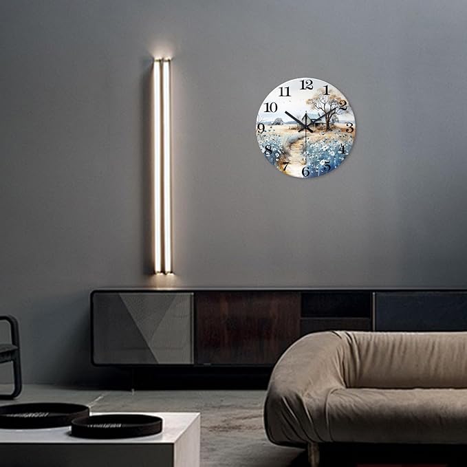 XNM Round Clock Battery Operated 16 Inch Wood Analog Large Wall Clocks for Living Room Blue Flower Wall Clock Silent(No Solid Wood, It is with MDF Material)