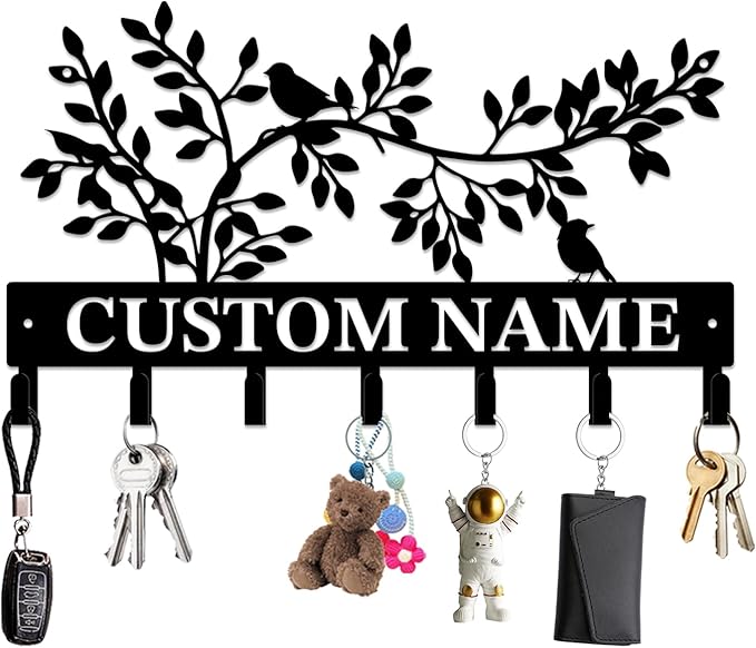 Personalized Custom Name Birds of Trees Wall Key Hooks,Metal Birds of Trees Art Clothes Hooks,Metal Birds of Trees Wall Home Storage Decorative,For Front Door, Hallway, Kitchen, Bedroom(Style A)