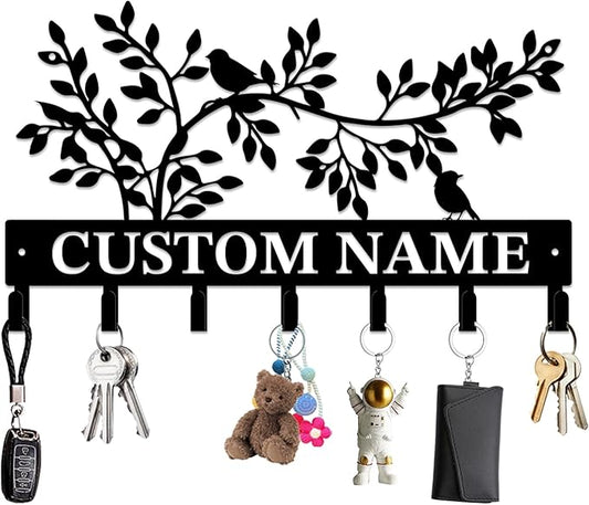 Personalized Custom Name Birds of Trees Wall Key Hooks,Metal Birds of Trees Art Clothes Hooks,Metal Birds of Trees Wall Home Storage Decorative,For Front Door, Hallway, Kitchen, Bedroom(Style A)