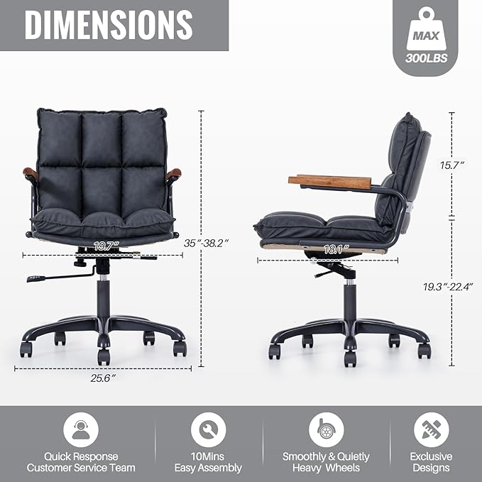 Home Office Desk Chair, Ergonomic Computer Chair with Wheels and Oak Arms, Adjustable Height Rolling Swivel Executive Task Armrests Chair, Charcoal Gray