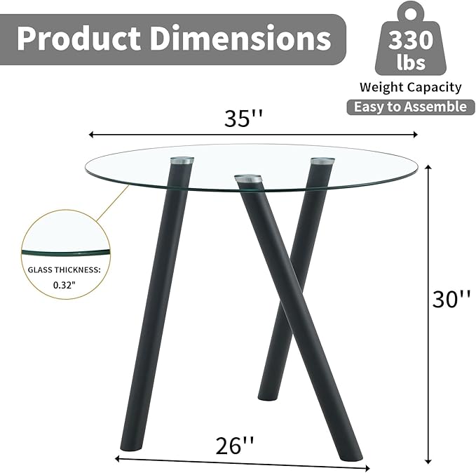35" Round Dining Table for 4, Modern Round Glass Dining Table with Metal Legs, Round Kitchen Table for Dining Room Home Office Small Spaces
