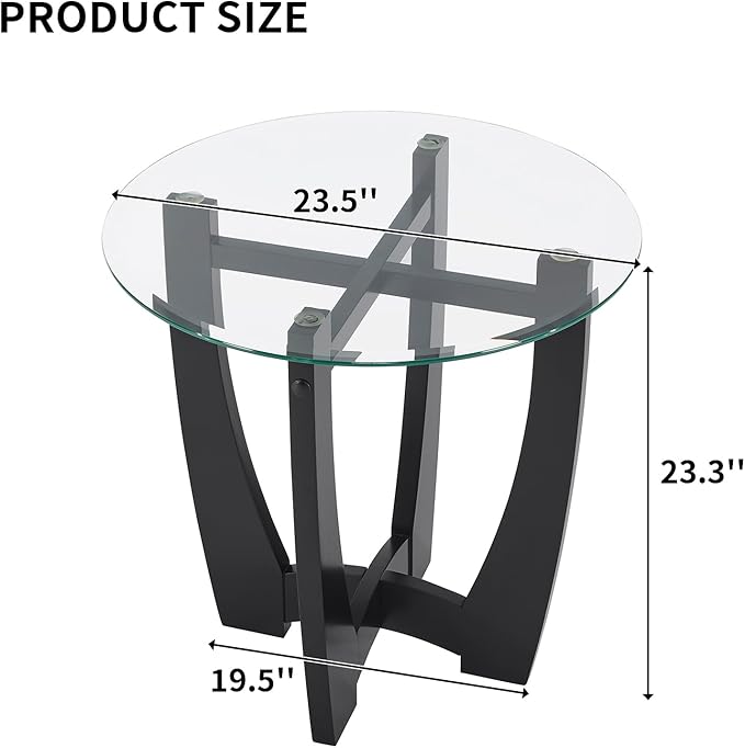 LKTART Glass End Table, 23.5" Round Side Tables with Tempered Glass Top Cross and Solid Wood Base Small Night Stand for Living Room Office Apartment Black