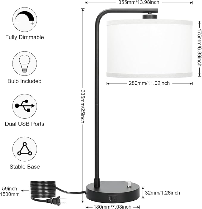 Seaside village Table Lamp for Bedroom with USB C+A Ports, Fully Stepless Dimmable Farmhouse Bedside Lamp Nightstand Light, Tall Reading Desk Lamp for Living Room, Office, 9W LED Bulb Included