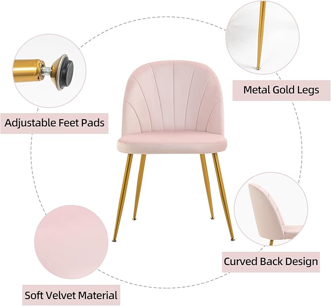 Velvet Dining Chairs Set of 4, Upholstered Mid Century Modern Dining Chairs, Armless Accent Chair with Metal Gold Legs for Living Room, Kitchen, Dining Room, Pink