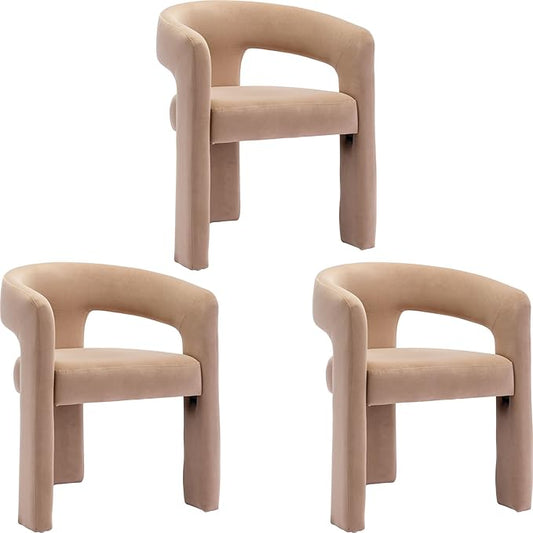 Set of 3 Modern Velvet Fabric Upholstered Dining Chairs with Open-Back, Cute Barrel Side Chairs Kitchen Armchair Accent Chairs for Dining Room Bedroom, Khaki