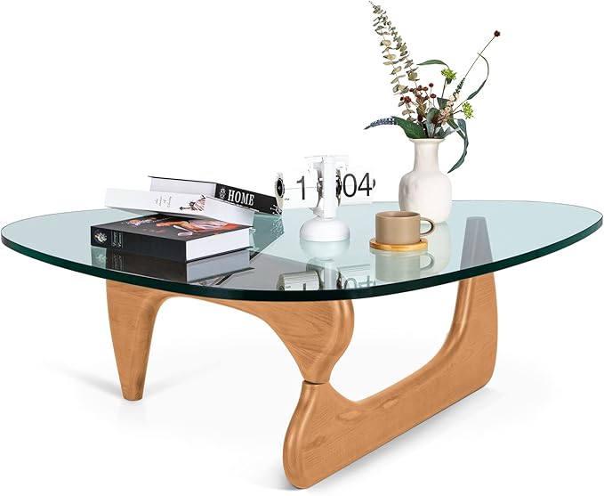 Noguchi Table Triangle Glass Coffee Table Vintage Glass End Table, Solid Wood Base and Triangle Clear Glass Top Modern End Table for Living Room, Patio, Study