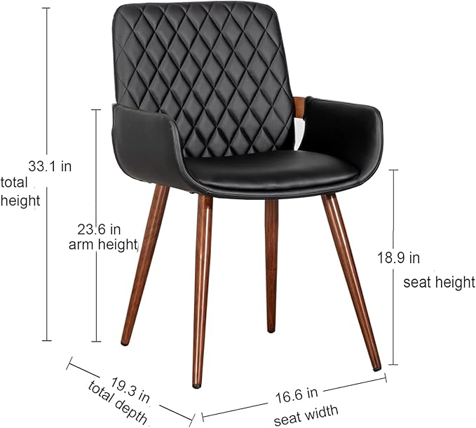 LUNLING Mid Century Modern Faux Leather Dining Room Chairs,Upholstered Seat Metal Legs Chairs Black Faux Leather Kitchen Chair Reception Room Chair,1PCS