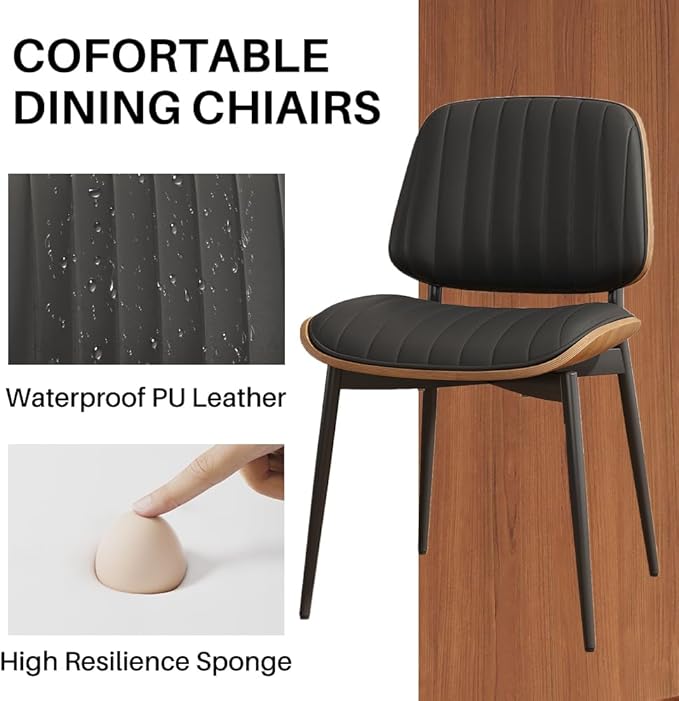Dining Chairs Set of 2, Mid-Century Modern Upholstered PU Leather Chairs with Walnut Bentwood Back and Metal Legs for Kitchen Dining Living Room, Black Vertical Stripes