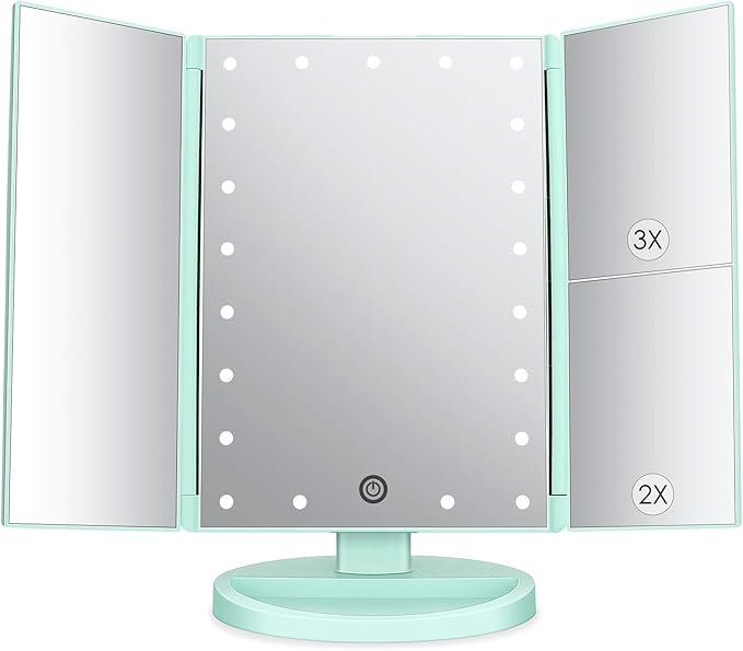 deweisn Tri-Fold Lighted Vanity Tabletop Mount Mirror with 21 LED Lights, Touch Screen and 3X/2X/1X Magnification, Two Power Supply Mode Make up Mirror,Travel Mirror