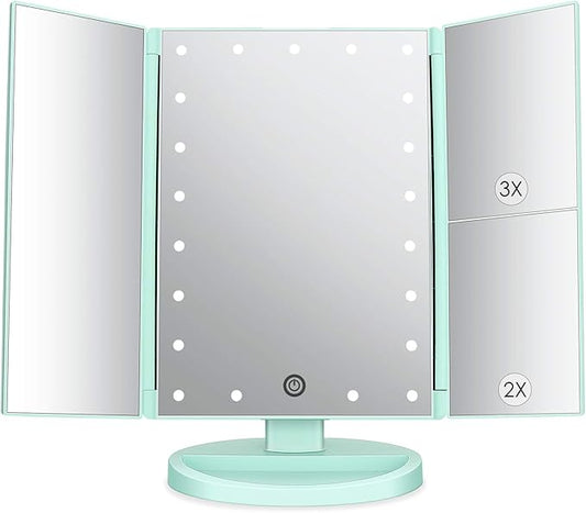 deweisn Tri-Fold Lighted Vanity Tabletop Mount Mirror with 21 LED Lights, Touch Screen and 3X/2X/1X Magnification, Two Power Supply Mode Make up Mirror,Travel Mirror
