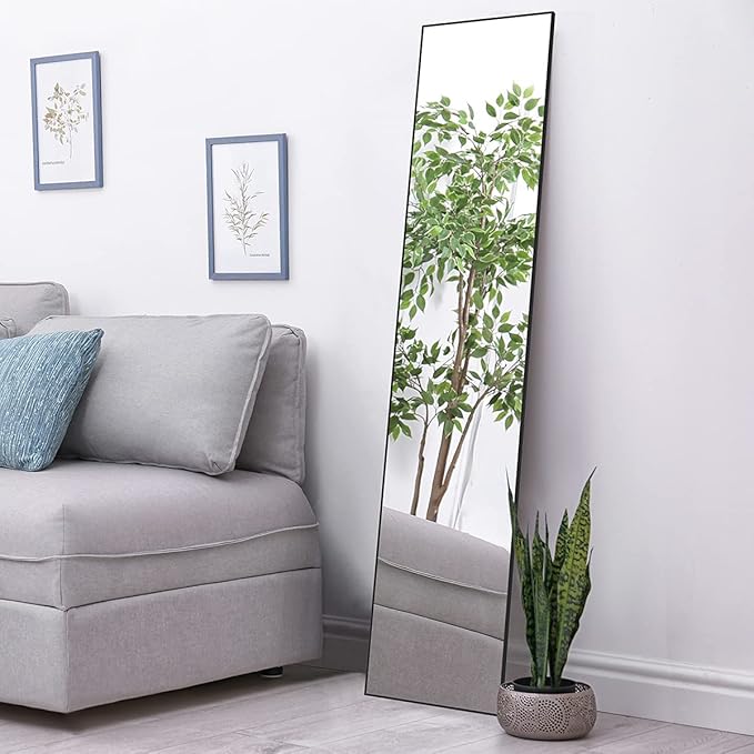 ANYHI Large Full Length Mirror, 65"x13.8" Door Mirror Full Length, 2 Hooks, Over The Door or Wall Monuted, Aluminum Frame, for Bedroom Bathroom Checkroom, Black