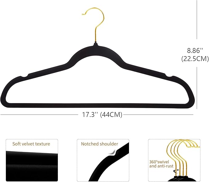 ManGotree Velvet Coat Hangers with 360° Swivel Gold Hook, Non-Slip Felt Suit Hangers, Ultra-Slim Space Saving Clothes Hanger, Sturdy for Jacket, Shirt, Dress, Pants (36 Pack, Black)