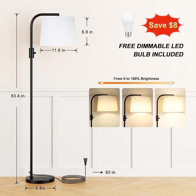 Ambimall Fully Dimmable Floor Lamp - Floor Lamps 9W LED Light Bulbs, Standing Lamps for Living Room with Adjust Head, Modern Standing Light Rotary Switch, Tall Lamp for Bedroom (Black and White)
