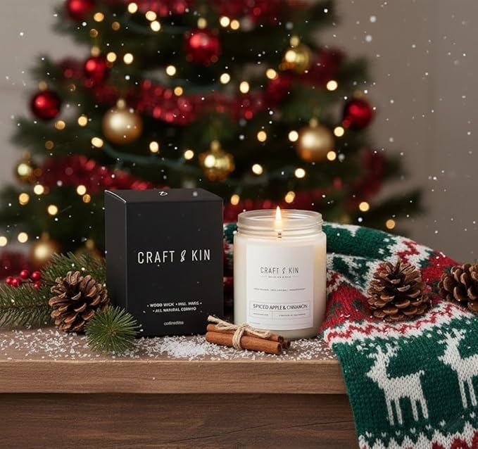 Craft & Kin Apple and Cinnamon Christmas Scented Candles | 8 Oz, 45-Hour Long Lasting | Classic Soy Winter Candle with Wood Wick | Made with Natural Soy | Holiday Candles Gifts for Men and Women