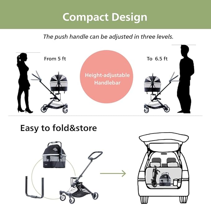 Unilove On The Go Lightweight Pet Stroller for Small Medium Dog or Cat with Detachable Carrier - Compact Pet Stroller and Carrier Combo for Travel - Foldable, Sturdy, Safe - Black