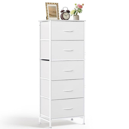 Nightstand, 5 Drawer Dresser End Table Bedside Furniture with Wooden Top Steel Frame Fabric Bins for Bedroom, Closet, Entryway, Dorm, Living Room, White