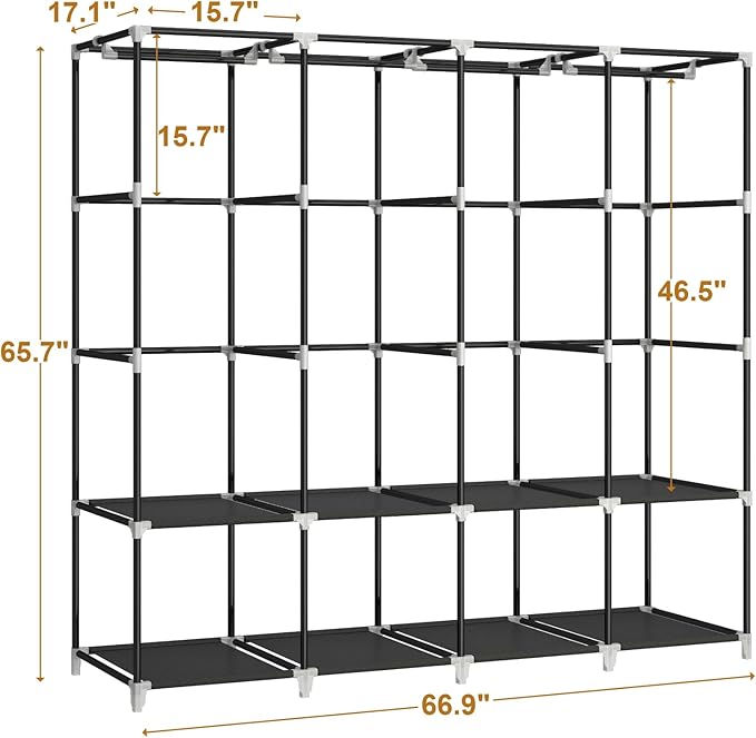 Portable Closet Wardrobe, 67-Inch Clothes Organizer with 4 Hanging Rods and 8 Shelves, Non-Woven Fabric Cover, Large Capacity Storage for Bedroom and Living Room, Black