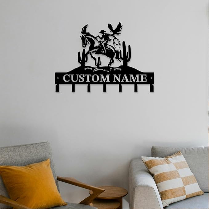 Personalized Custom Name West Cowboy Keys Hooks,Metal Cowboy Art Clothes Keys Hooks,Metal Cowboy Lover Wall Home Storage Decorative Keys Hooks,Key Holder Hooks for Wall (Style C)