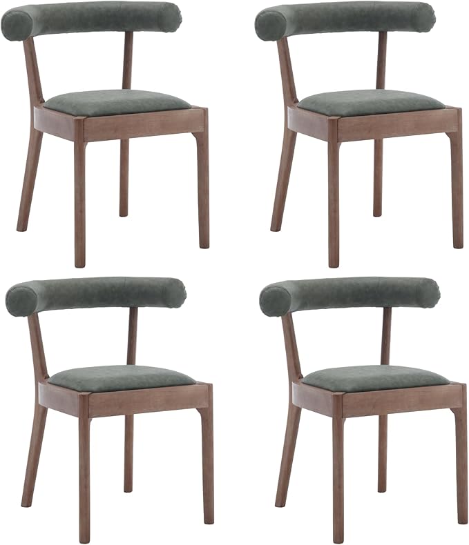 Kmax Dining Room Chairs Mid-Century Modern PU Kitchen Chairs with Natural Walnut Finished Frame, PU Curved Back, Set of 4, Green
