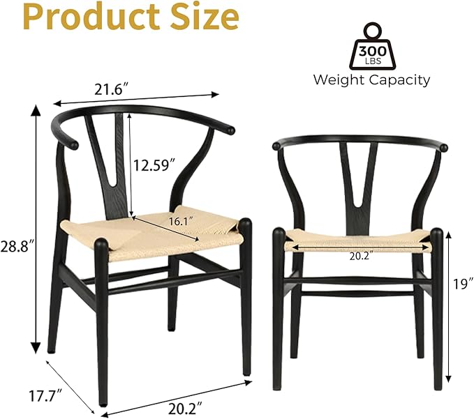 Wishbone Chair Natural Solid Wood Dining Chair/Hans Wegner Y Chair Rattan and Wood Accent Armrest Chairs - Ash Wood Chairs Set of 1 (Ash Wood - Black + Natural Color)