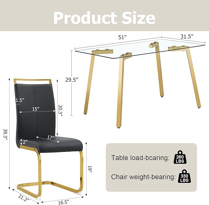 Dining Table Set of 4,51" Rectangle Tempered Glass Table Top with Golden Metal Legs,Kitchen Room Table with 4 Black Faux Leather Chairs,Dinner Tables Set for Dining Room Office