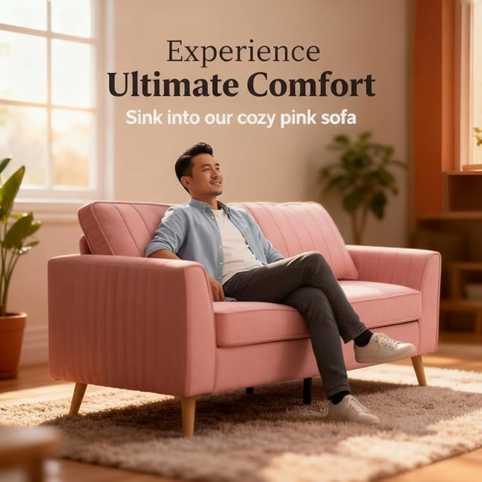 Artechworks Handmade Sofa Couch,3-Seater 76" Wide W/Warm Style Linen, Modern Chic Classic Mid-Century Fusion Stylish French Piping Design Sofa Couch for Living Room Apartment Lounge,Reception,Pink