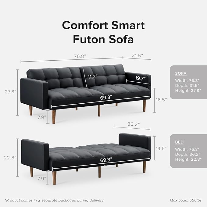 mopio 76.4" Futon Sofa Bed, Couch, Loveseat, Sleeper Sofa, Mid Century Modern Futon Couch, Sofa Cama, Couches for Living Room (Aaron PU, Midnight Black)