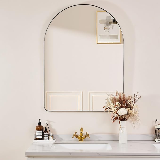 ANDY STAR 30 x 40 Inch Arched Mirror, Brushed Nickle Bathroom Mirror in Stainless Steel Metal Frame, Arch Top Rounded Corner 1 Inch Deep Set Design Wall Mount Hangs Vertical