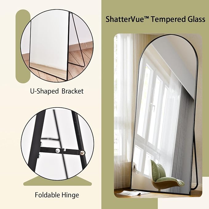 BEAUTYPEAK 71"x26" Arch Full Length Mirror, Full Body Floor Mirror with Stand Hanging or Leaning, Aluminum Alloy Frame Wall Mirrors for Bedroom, Dressing Room, Black