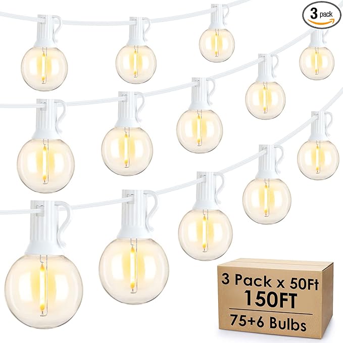 Mlambert 150Ft(3x50Ft) Outdoor String Lights, Connectable G40 Globe Patio Lights Connectable with 75+6 LED Plastic Bulbs for Outside Backyard Wedding-White Wire