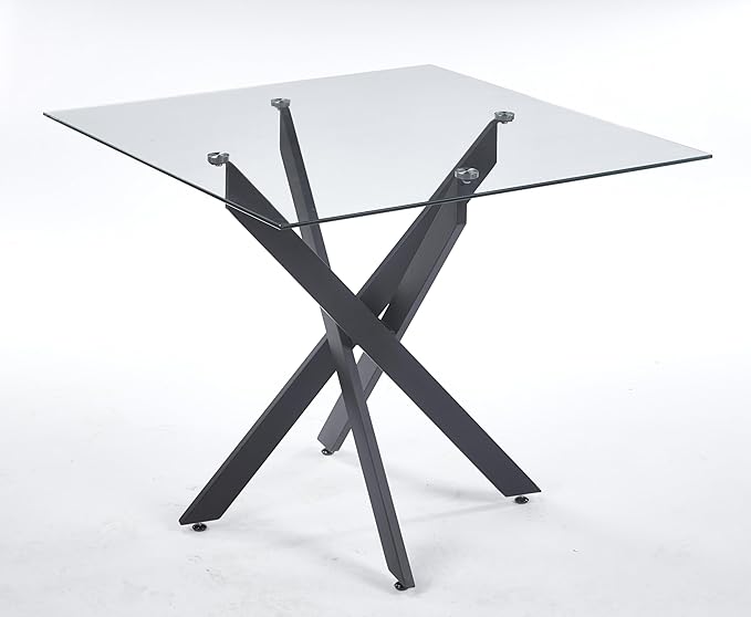 36" Square Dining Table for 4, Modern Clear Glass Kitchen Table for 4 with Black X Metal Legs, Contemporary Small Glass Dining Room Leisure Tables for Kitchen Apartment