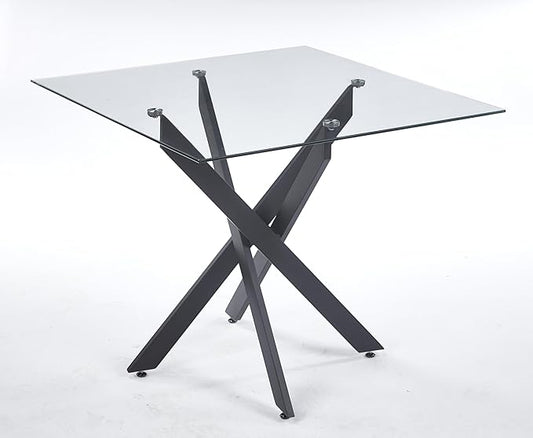 36" Square Dining Table for 4, Modern Clear Glass Kitchen Table for 4 with Black X Metal Legs, Contemporary Small Glass Dining Room Leisure Tables for Kitchen Apartment