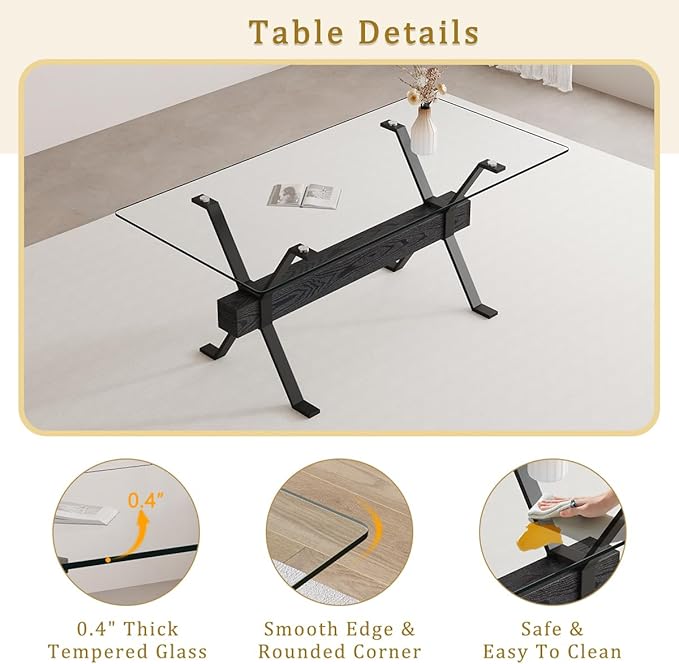 Glass Dining Table 71"｜Modern Dining Table for 6｜0.4" Thick Tempered Glass Top｜Matte Black Metal Legs｜Black Crossbar｜Easy Assembly｜Perfect for Dining Room or Kitchen