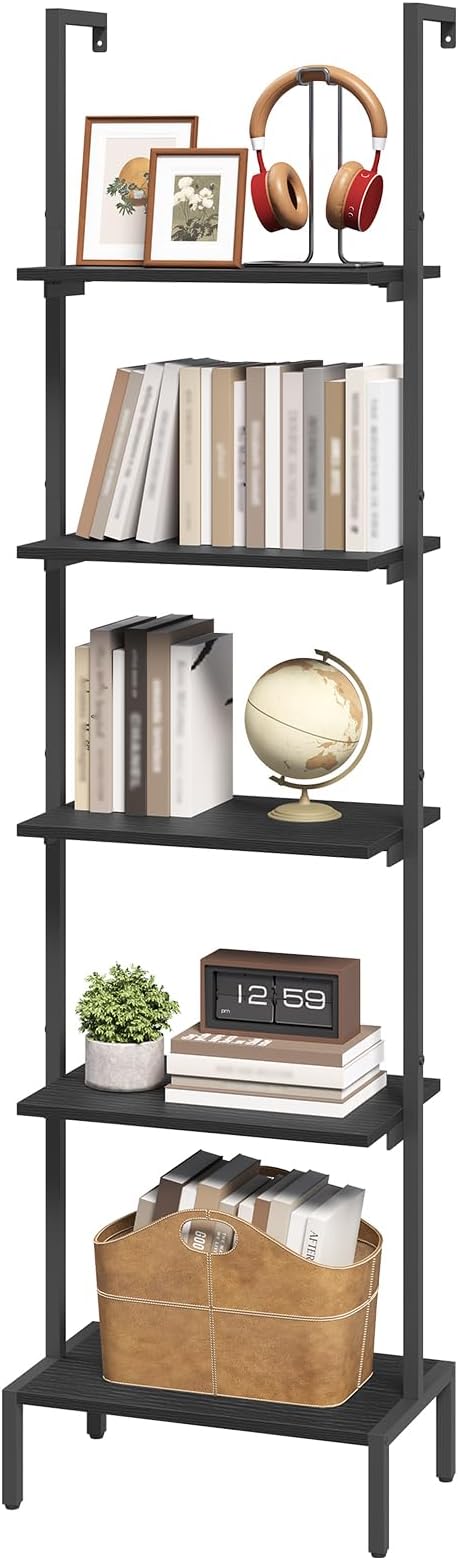 Ladder Shelf, 5-Tier Bookshelf, Ladder Bookcase with Wall Mount, Heavy Duty Industrial Style Storage Rack for Living Room, Office, Kitchen, Bedroom, Black LSBK5501