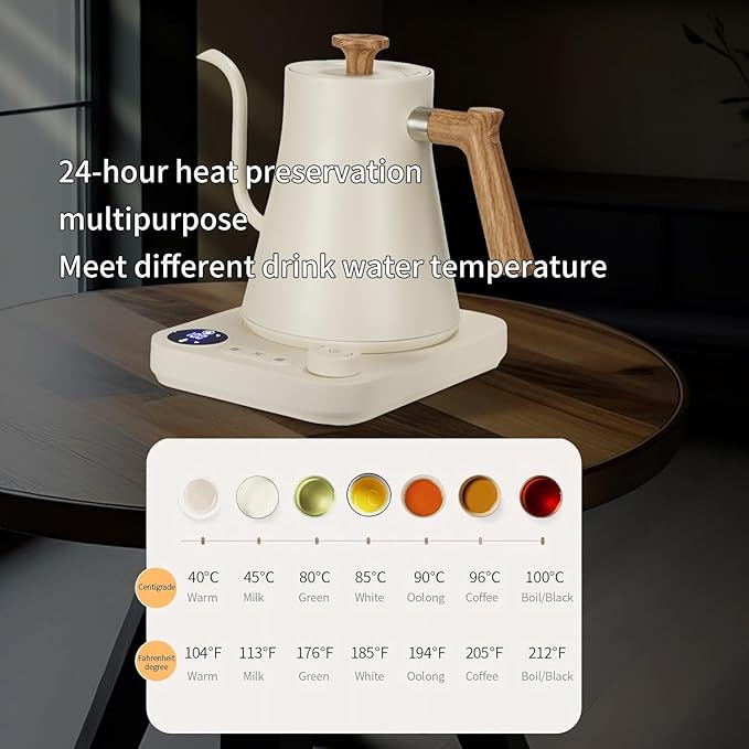 Electric Kettles, Gooseneck Electric Kettle, ±1℉ Temperature Control, Stainless Steel Inner, Quick Heating, for Pour Over Coffee, Brew Tea, Boil Hot Water, 0.9L (White)