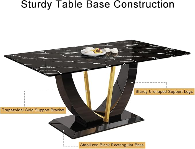 71" Dining Table Set for 8, Black Faux Marble Dining Room Table Set for 8, Large Rectangular Kitchen Table Set and PU Leather Chairs,Tempered Glass Glossy Table with Golden Leg