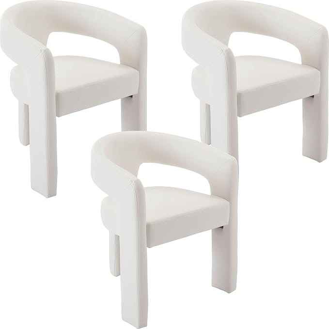 Set of 3 Modern PU Leather Upholstered Dining Chairs with Open-Back, Cute Barrel Side Chairs Kitchen Armchair Accent Chairs for Dining Room Bedroom, White