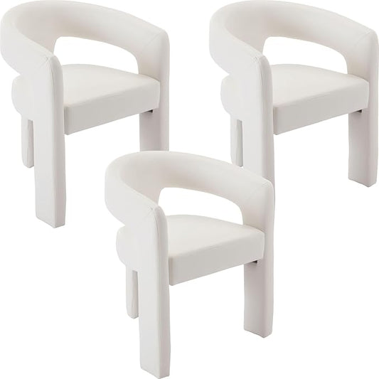Set of 3 Modern PU Leather Upholstered Dining Chairs with Open-Back, Cute Barrel Side Chairs Kitchen Armchair Accent Chairs for Dining Room Bedroom, White