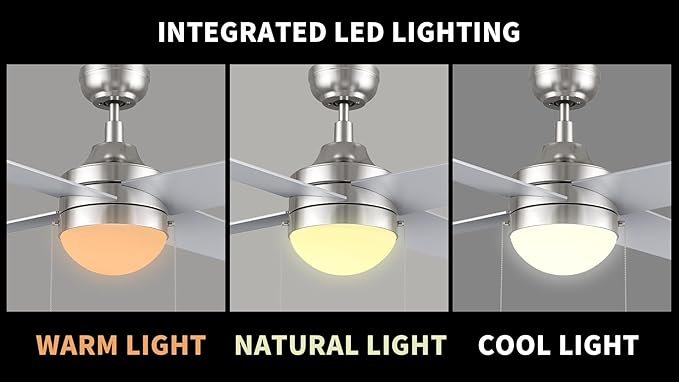 CEME 52" Ceiling Fan with Light Low Profile, DC 5 Speeds Silent Ceiling Fan with Remote, 5 Dual Finish Blades, 3 Light Colors Dimmable LED for Bedroom Room,Silver