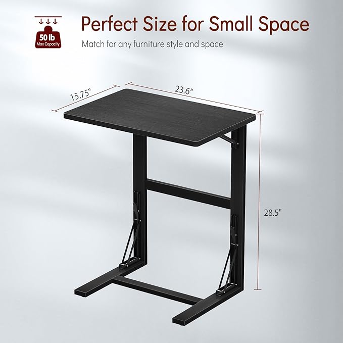 Tatub 24'' Folding TV Tray Table, Bamboo C Shaped End Table Slide Under Couch, Small Sofa Side Laptop Desk for Living Room, Bedroom, Black