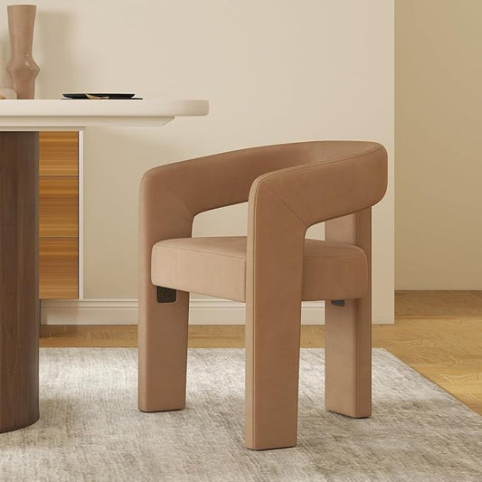 Modern Barrel Dining Chair, Velvet Upholstered Accent Side Chair with Arms Comfy Makeup Vanity Chair, Dining Living Room Kitchen Chair, Khaki