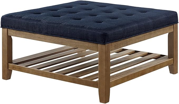 24KF Large Square Upholstered Tufted Linen Ottoman, Large Footrest Ottoman with Solid Wood Shelf- Navy Blue