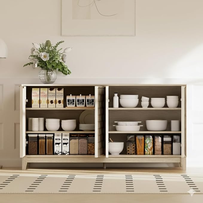 Mid-Century Sideboard Buffet Cabinet with 6×10 Embossed Checkerboard Doors, Adjustable Shelves & Soft-Close Hinges, Modern Storage Cabinet for Dining Room, Living Room, Entryway – Oak White Finish