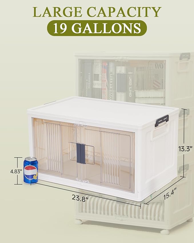 OlarHike 76QT Stackable Storage Bins with Lids - Folding Storage Box with Doors and Wheels, Collapsible Plastic Storage Bins for Closets, Home Organizers, 3 Pack Cubes (Warm Gray)