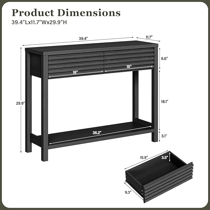 EAG 40" Fluted Console Table with 2 Drawers, Modern Wood 2 Tier Entryway Table with Storage Shelf, Narrow Sofa Tables Behind Couch for Entrance Foyer, Hallway, Living Room, Black