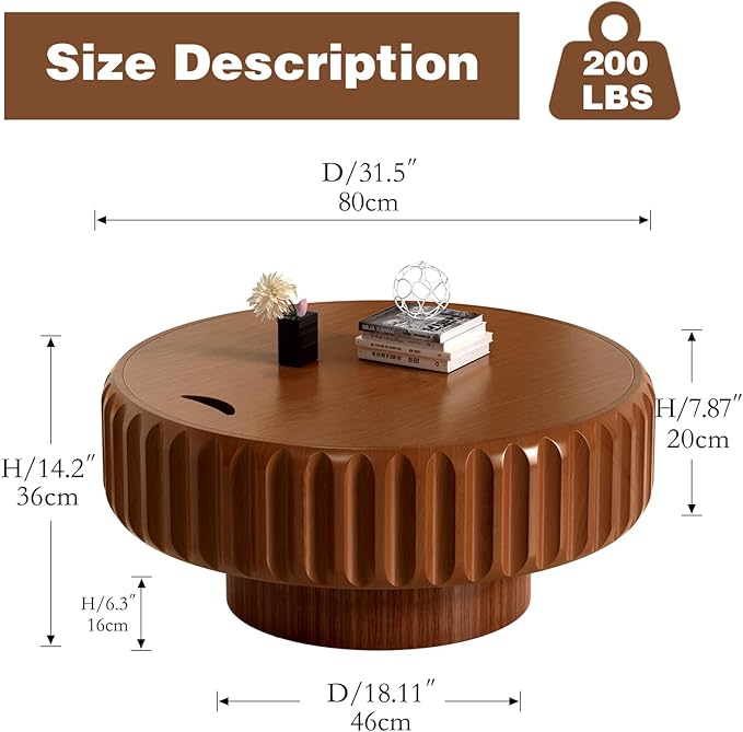 31.5" Drum Coffee Table with Storage Modern Unique Fluted Tea Table Contemporary Round Coffee Table with Fluted Center Table for Small Space Apartment(31.5in)