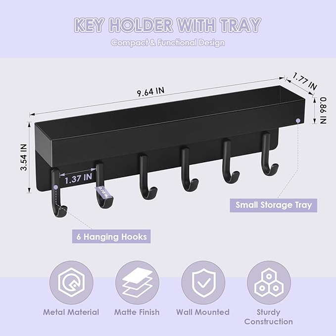 VIS'V Key Holder Wall Mount, Compact Adhesive Key Rack with Tray, 6 Hooks, 2 Mount Options, Black