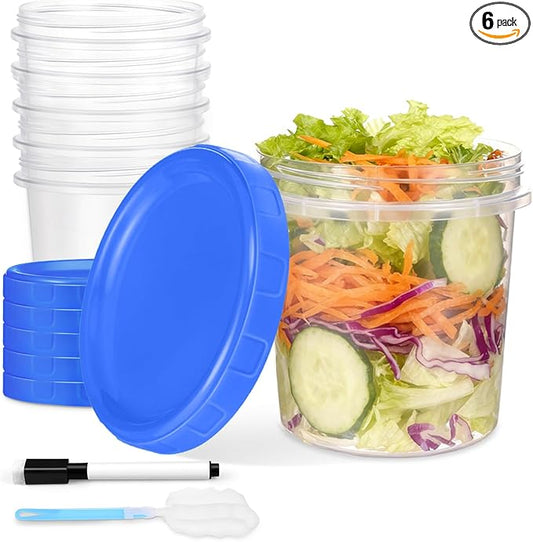 6 Pcs 16 oz Plastic Deli Containers with Screw Lids, Freezer Storage Containers Reusable 2 Cup Food Storage Container with Pen & Brush for Snack Salad Fruit, Microwave & Dishwasher Safe