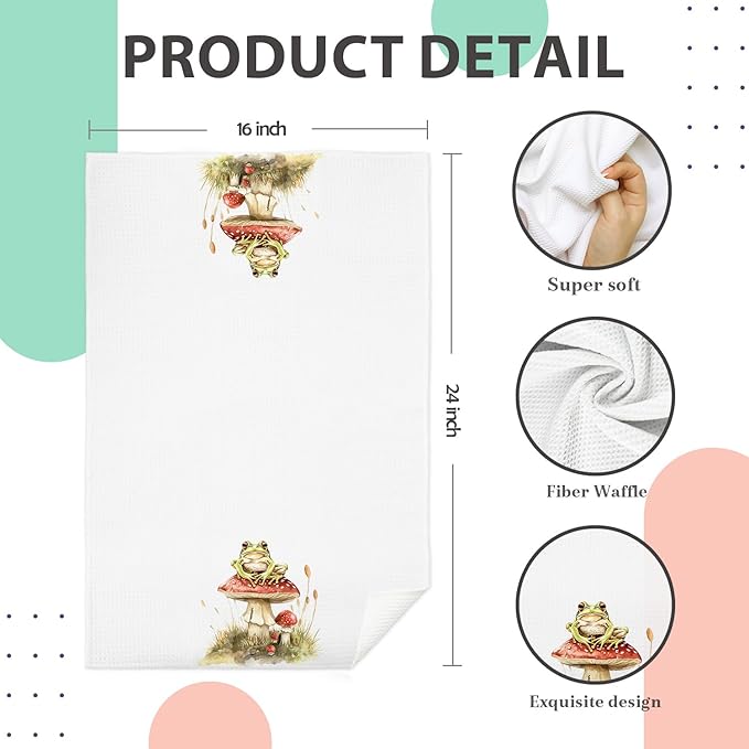 Frog Mushroom Bathroom Decor Hand Towels, Farmhouse Cottagecore Dish Tea Towels, Frog Gifts for Women, Rustic Botanical Red Mushroom Hand Towel for Bathroom Kitchen, 16x24 Inch Set of 2
