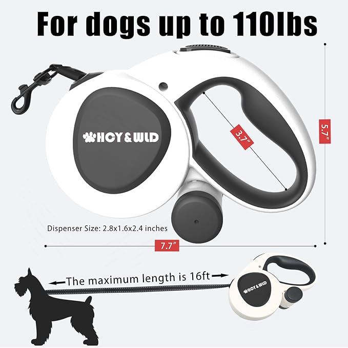 HCY&WLD Upgrade 3-in-1 Retractable Dog Leash with Integrated Dispenser & Poop Bags, 16 ft Heavy Duty Dog Leash with Anti-Slip Handle for Dogs up to 110 lbs, 360° Tangle-Free, One Button Brake & Lock